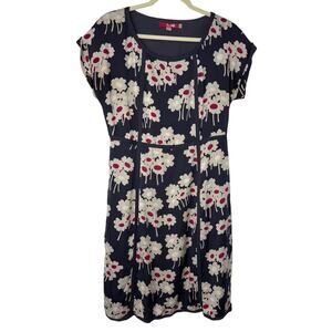 Boden Notting Hill Silk Dress Floral Print Navy Cream Magenta Size 8 Long Retro